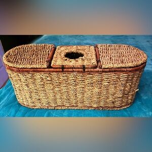 Vintage wicker 3-compartment storage basket with a central tissue box holder
